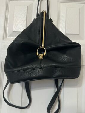 Ahzi Black Leather Backpack with Gold Ring Detail